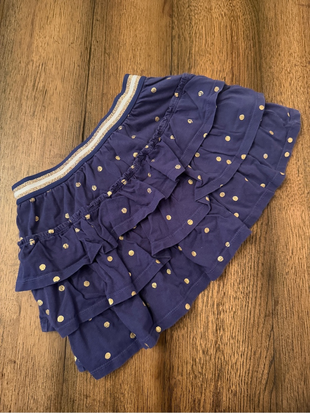 Boden Girls 8-9Y Navy Tiered Ruffle Skirt with Gold Polka Dots